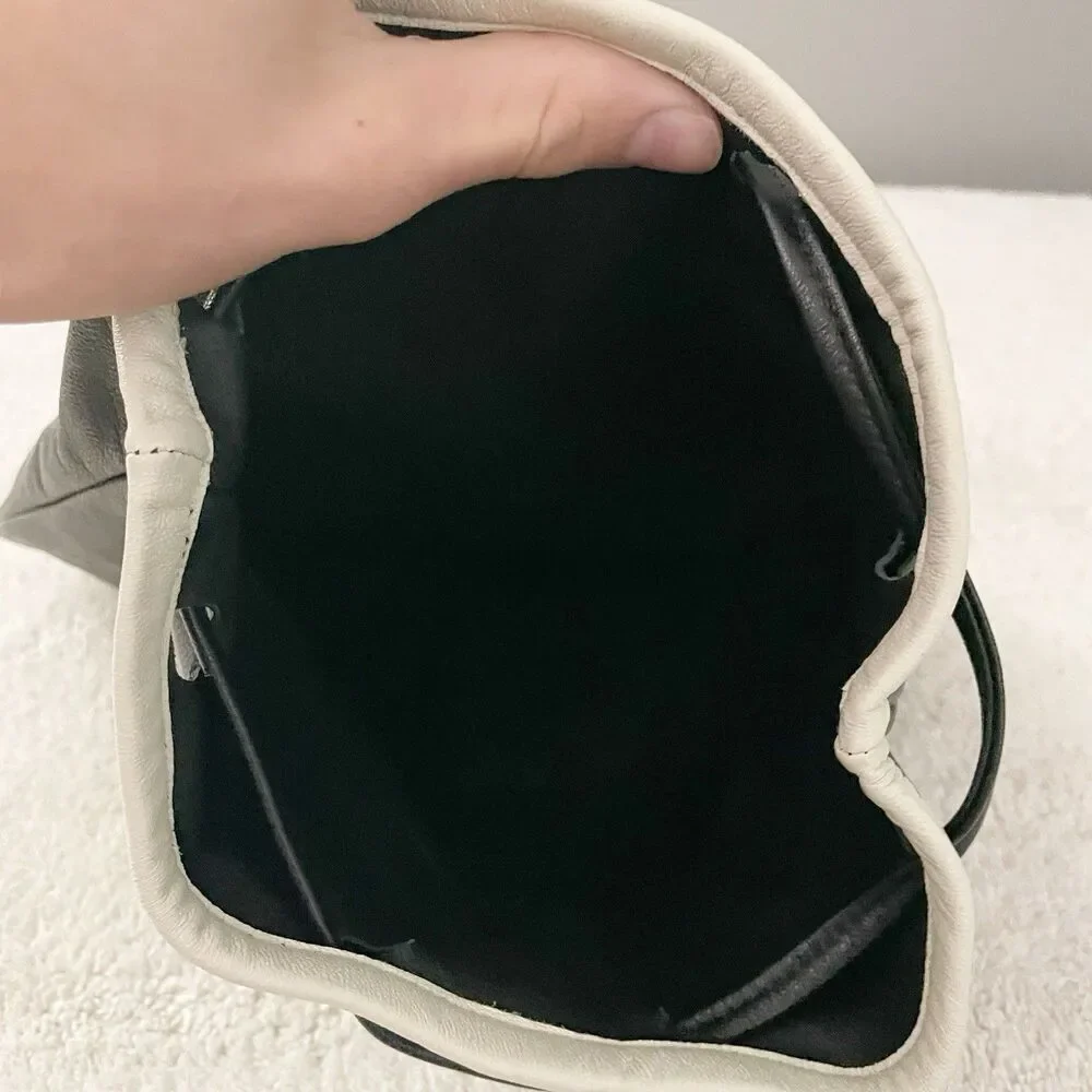Vintage Black Leather Shoulder Bucket Drawstring Bag with White Trim Artsy 90s